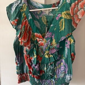 Rachel Zoe Teal Floral Ruffle V-Neck Blouse